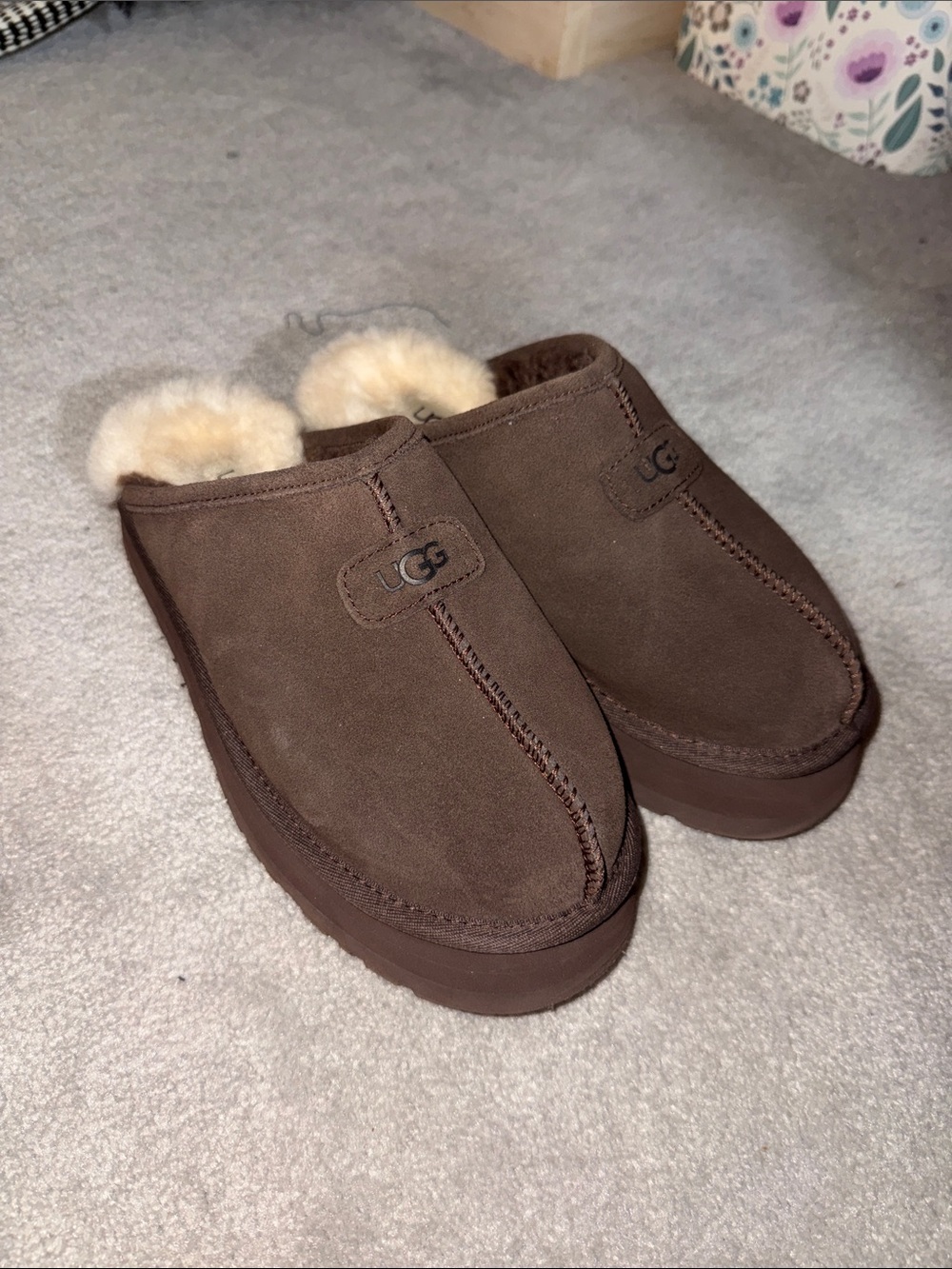 UGG Brown Suede Shearling Platform Slip-On Clog